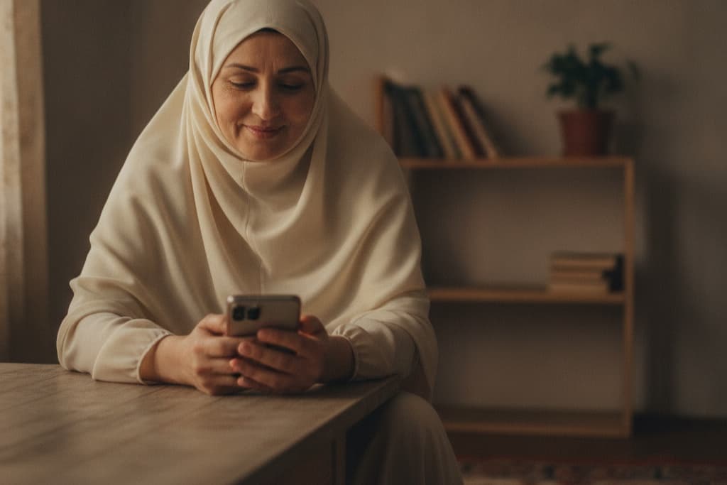 A woman in a humble room using a smartphone at a table